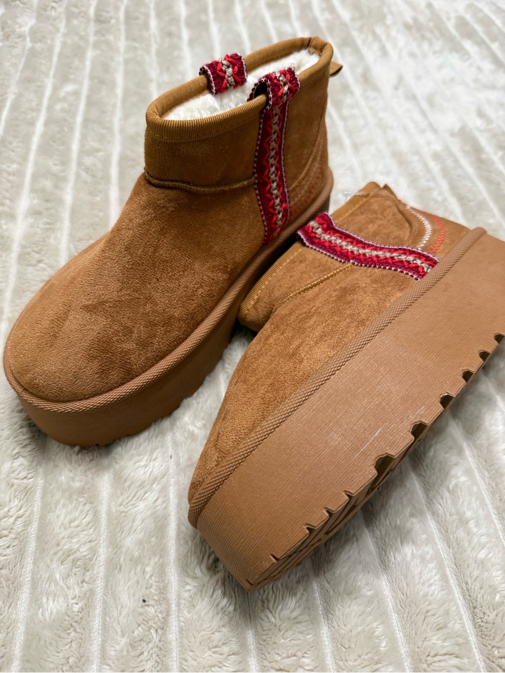 Women's Faux Suede Platform Booties in Chestnut with Red Trim size 6